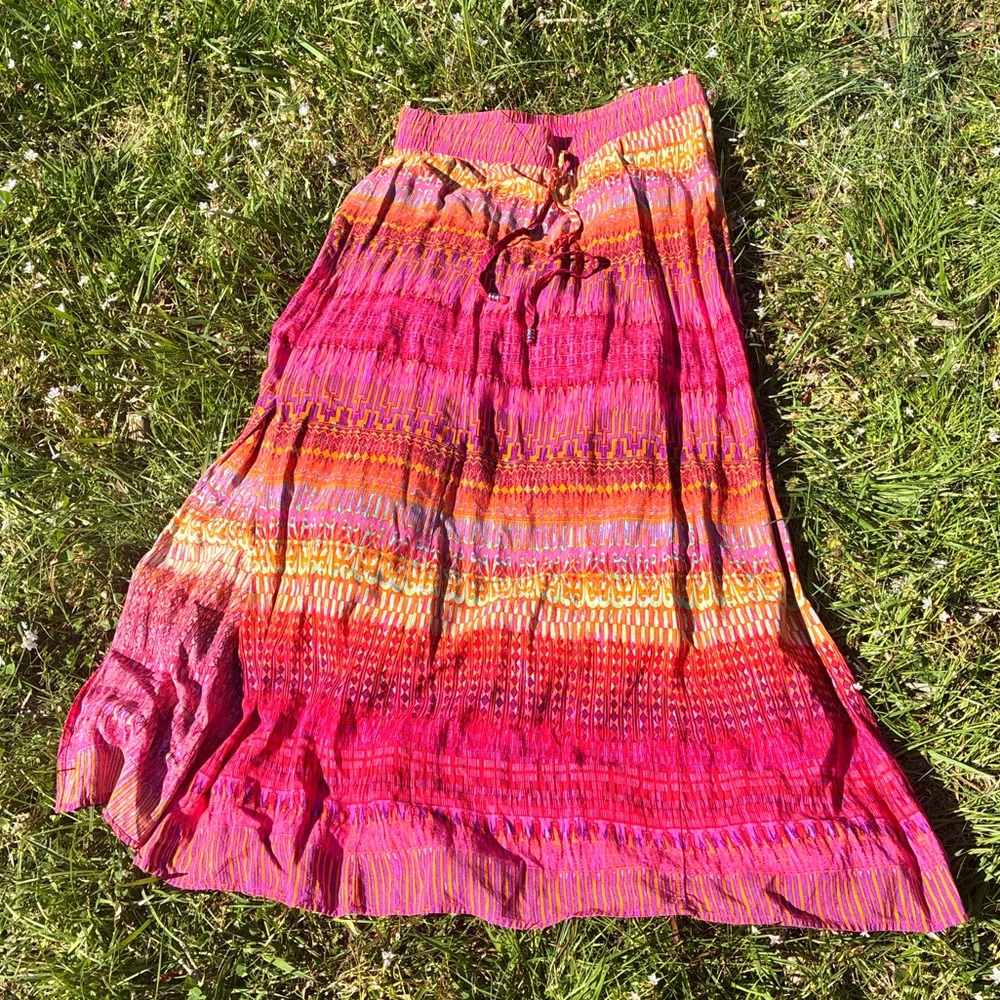 AB Studio boho print A-line flare pull on long maxi skirt pink tribal print